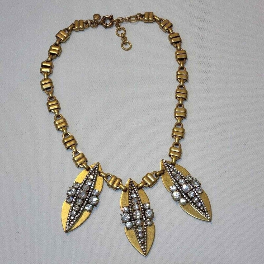 J. Crew Antique Gold Tone Crystal Leaf Statement Necklace Marquise Pendants New - Picture 8 of 10